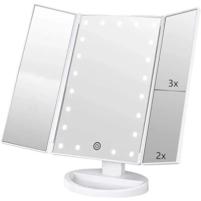 Immagine di Infitrans Specchio con Luce,Specchi da Tavolo Touch Screen Tri Fold, ingrandimento 1x / 2X 3X e Caricatore USB o Wireless, Luce LED Regolabile a 180 per Il banco Viaggio (Bianca)