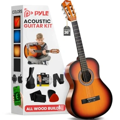 Immagine di Pyle Beginner 91 cm Chitarra acustica classica 3/4 Junior a 6 corde in legno di tiglio con custodia protettiva, accordatore, nylon, plettri, tracolla, per principianti, adulti