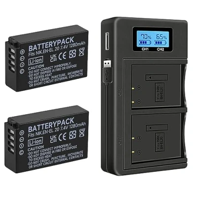 Immagine di 2 pezzi EN EL20 EL20a Batterie per fotocamere e Smart LCD Display Caricatore USB doppio Nikon Coolpix P950, P1000, DL24 500, A, 1 AW1, J1, J2, J3, S1, V3 Fotocamera Digitale