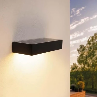 Immagine di Ledvion Moderna lampada da parete solare con sensore di movimento, nero, 6 W, 3000 K, IP65 impermeabile e 220 lumen, rilevamento del movimento interruttore crepuscolare, risparmio energetico