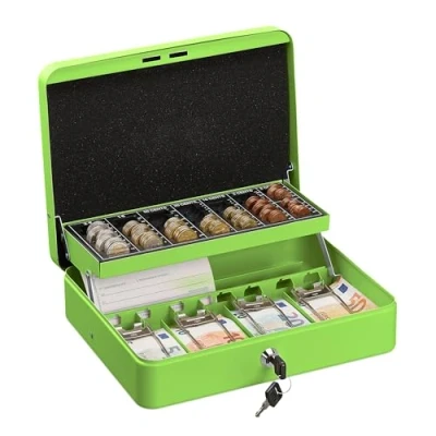 Immagine di Relaxdays Cassetta di Sicurezza per Soldi, con Scomparto Monete e 4 Vani Banconote, 8,5x30,5x24,5 cm, Verde, Acciaio