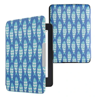 Immagine di kwmobile Custodia eReader Compatibile con Amazon Kindle Paperwhite Cover eBook Reader Flip Case blu/blu chiaro/bianco Pesciolini