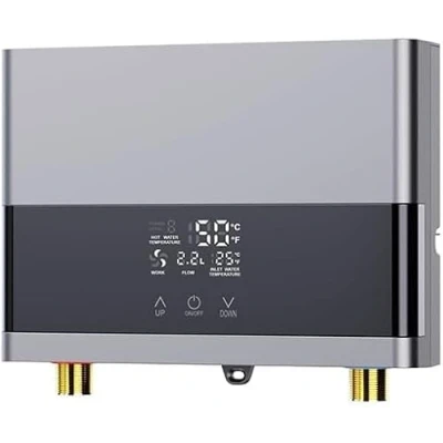 Immagine di Oamger Riscaldatore di acqua elettrico istantaneo LED 6000 W, 220 V, scaldabagno per doccia, bagno, cucina (argento)