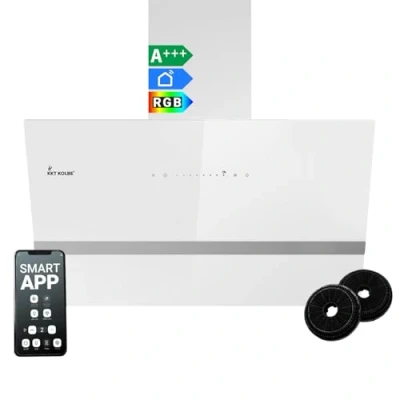 Immagine di Cappa aspirante 80 cm/Cappa Cucina Inclinata/acciaio inossidabile/vetro bianco/WiFi/auto spegnimento/Illuminazione LED RGBW/Operazione di tocco / EASY8005WM