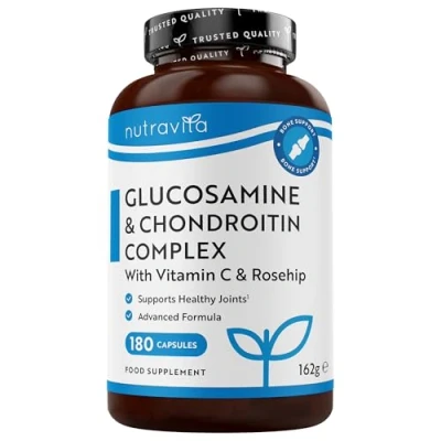 Immagine di Glucosamina Solfato e Condroitina Complesso con Vitamina C, Estratti di Cinorrodo, Zenzero Curcuma 180 Capsule Alto Dosaggio Prodotto nel Regno Unito da Nutravita