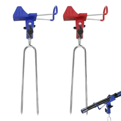 Immagine di XIAQICA 2 Pezzi Portacanne Acciaio Inossidabile Regolabile a 360 Supporto Canna da Pesca Porta Canne Terra per in Fiume Spiaggia(Rosso, Blu)