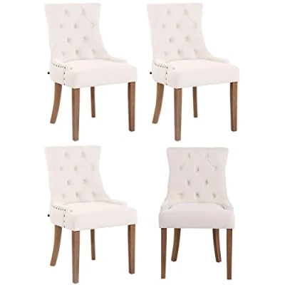 Immagine di CLP Set 4 Poltrone Pranzo Aberdeen Stile Chesterfield In Velluto E Legno Caucciù, Colore:crema, Colore del telaio:antico chiaro