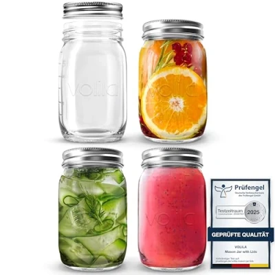 Immagine di volila Mason Jar Confezione da 4 Barattoli in Vetro 490ml per Conserve, Vasetti Piccoli Coperchio Normale Crauti, Sottaceti, Kimchi e Altro Ancora