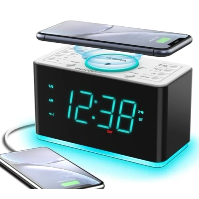 Immagine di Radiosveglia, Caricabatterie per Telefono Wireless da 15 W con Bluetooth, Porta di Ricarica USB, Doppia Sveglia, Timer Spegnimento, Snooze, Dimmer, Radio FM, Luce Notturna iTOMA CKS207