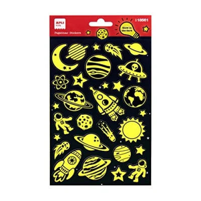 Immagine di APLI Kids 18561 Adesivi con Finitura luminescente Modello Spazio, Si Illuminano al Buio. Include 1 Foglio 26 permanenti,