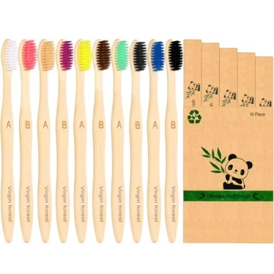 Immagine di Spazzolino Bamboo, 100% Senza BPA Vegan Spazzolini Bamboo di Riutilizzabili e Biodegradabile, con Setole Carbone Morbide Disegno Individuale, Confezione Biodegradabile Sostenibile 10 Colori