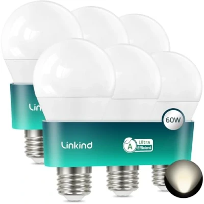 Immagine di Linkind Lampadina LED E27 Ultra Efficiente, 3,8 W=60 W, 4000 K, bianco neutro, classe energetica A, non dimmerabile, A60 Edison 806 lm, angolo 200, risparmio energetico, confezione da 6