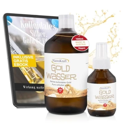 Immagine di oro colloidale 1000 ml / 10 ppm Acqua rosso con flacone spray 100 Produzione HVAC in un ambiente di laboratorio Bottiglia vetro ambra Misurino Migliore efficacia