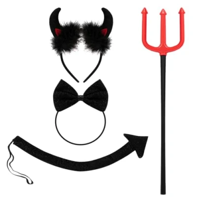 Immagine di Spooktacular Creations 4 Pz. Set di costumi da diavolo per Halloween Costume demone con fascia nera corno diavolo, forcone papillon e coda festa Cosplay
