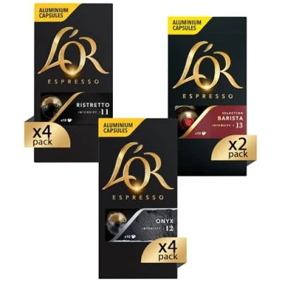 Immagine di L&#039;Or Capsule Caffè Espresso Confezione Mista Variety Pack Intensi in Alluminio Compatibili Nespresso®* original 10 Pacchetti [100 Capsule: 40 Ristretto, Onyx, 20 Barista]