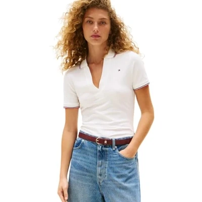 Immagine di Tommy Hilfiger Donna Maglietta Polo Maniche Corte Open Slim Fit, Bianco (Ecru), XXL