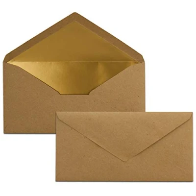 Immagine di 15x Buste formato lunghe Colore: marrone scuro con rivestimento interno metallizzato oro 110 x 220 mm Carta naturale Colla a umido festive per Natale