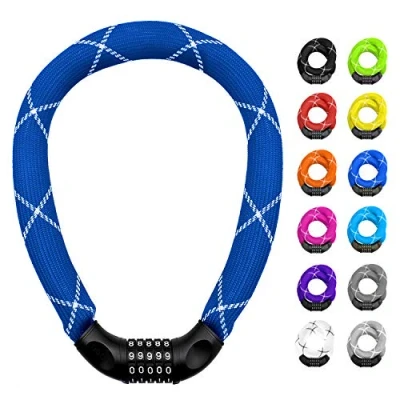 Immagine di nean lucchetto per biciclette con numeri e rivestimento in tessuto estremamente robusto, serratura a catena bici combinazione di codici numerici, 6 x 900 mm (blu)