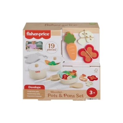 Immagine di Fisher Price Set in legno Cuciniamo Insieme, playset a tema cucina con 19 pezzi tra cui pentola, padelle, vivande e utensili vari da cucina, giocattolo per bambini, 3+ anni, HXT83