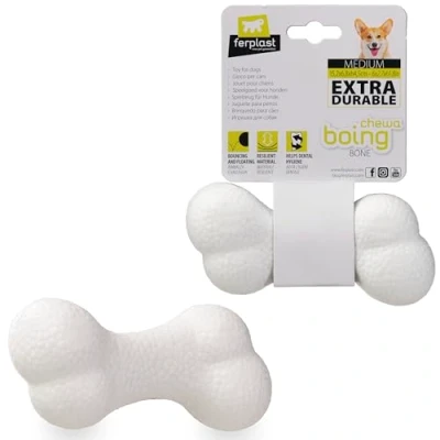 Immagine di Ferplast Gioco Cane, Osso per Cani, in Materiale Durevole, Atossico, Resistente ai Morsi, Igiene Dentale del Rimbalza e Galleggia, CHEWA BOING Osso, Giochi Cane Misura Media, Bianco