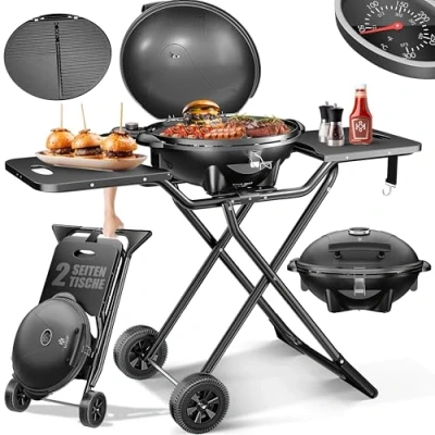 Immagine di KESSER® barbecue elettrico 2in1 da tavolo, con coperchio e piedistallo 2400 W max pieghevole termometro rivestimento antiaderente piastra della griglia ripiani di appoggio