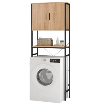 Immagine di EUGAD Scaffale Sopra Lavatrice, Mobile WC, da Bagno, Armadietto con Ripiano Regolabile e Ante, per Lavanderia, in Legno Metallo, Nero+Rovere Chiaro, 64,5x27x170cm