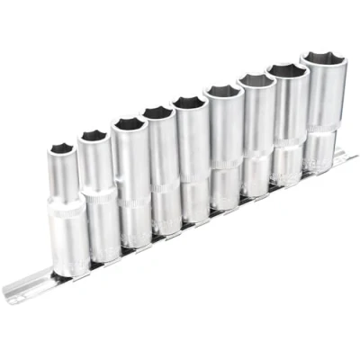 Immagine di DAKCOS set di 9 bussole lunghe esagonali, attacco da 1/2&quot;, chiavi a bussola metriche 4 13 mm, con guida in metallo, per riparazioni auto domestiche e fai te, CR V, lunghezza 76 mm