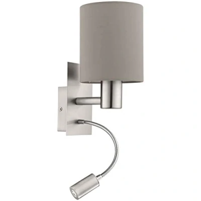 Immagine di Eglo lampada da parete a Led Pasteri, in tessuto e acciaio due punti luce, nichel opaco, colore talpa, E27, incl interruttore luce di lettura flessibile