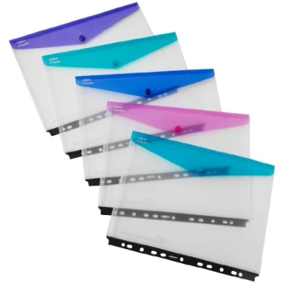 Immagine di Snopake 15694 Custodie trasparenti per raccoglitori ad anelli Polyfile, chiusura con bottone automatico, formato oblungo, colori assortiti, 5 pz.