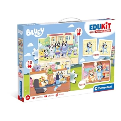 Immagine di Clementoni Set Giochi da Tavolo, Edukit 4 In 1 Bluey (Memo, Puzzle 30 e 48 Pezzi, 6 Cubi), Gioco di Memoria Logica con Carte Accoppiare, Bambini 3 Anni, Made Italy, 18320