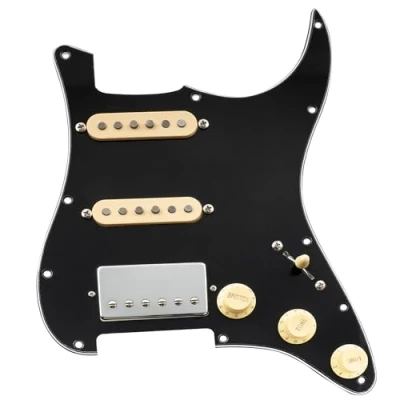 Immagine di Musiclily Pro HSS Battipenna Precablato Pre Wired Loaded Pickguard con Artec Alnico 5 Pickups per Chitarra Elettrica tipo Strato, 3 strati Nero