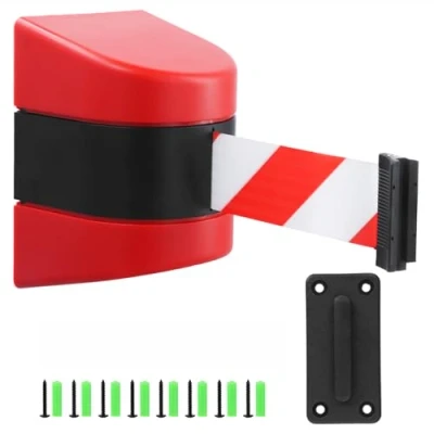 Immagine di QWORK® Barriera a nastro retrattile da 10 m rosso/bianco alloggiamento parete in plastica ABS funzione di bloccaggio per il controllo della folla durante gli eventi