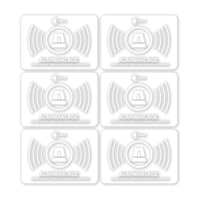 Immagine di iSecur 6 adesivi per allarme, trasparenti, 5 x 3,5 cm, esterni, resistenti ai raggi UV e agli agenti atmosferici, nota: impianto di bianco, 360