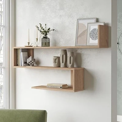 Immagine di [en.casa] Mensola da Parete a 3 Ripiani (AxLxP) 71,5 x 120 14,5 cm Scaffale Pensile Forma di S Libreria Consolle Effetto Rovere