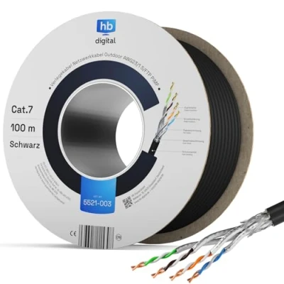 Immagine di hb digital 100m CAT 7 cavo di installazione Ethernet 1000 MHz 10 Gbit per esterni nero AWG23/1 PE S/FTP doppia schermatura PIMF rame puro dati grezzo/interrato uso esterno