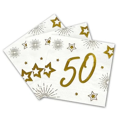 Immagine di Tralala Fêtes® Set di 16 tovaglioli 50 anni per compleanno usa e getta in carta a triplo spessore decorazione festiva bianco oro (oro) 33 x cm aperti (50 anni)