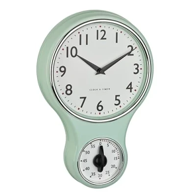 Immagine di TFA Dostmann orologio da parete analogico retrò con timer, 60.3073.20, timer fino a 60 minuti, cucina, al quarzo, coperchio in vetro, design vintage, verde menta