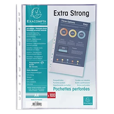Immagine di Exacompta 59110E Sacchetto di 100 buste perforate in polipropilene alta qualità grana 8/100 per archiviazione documenti A4 Cristal