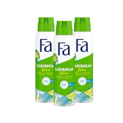 Immagine di Fa deodorante spray Caribbean Wave (3 x 150 ml), con il profumo esotico fresco del limone, senza alluminio per una protezione fino a 48 ore, non lascia residui di sui
