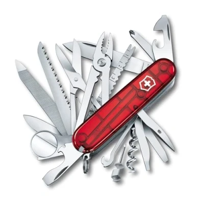 Immagine di Victorinox, Swiss Champ, Coltellino Svizzero, Originale, Multiuso, Campeggio, 33 Funzioni, Lama, grande, Cavatappi, Rosso Trasparente