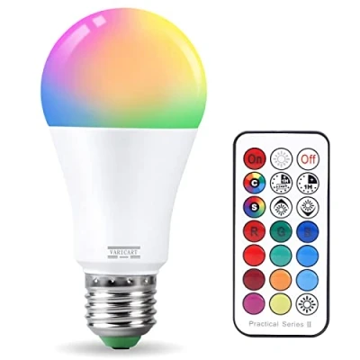 Immagine di VARICART Lampadina RGB E27 10W, Cambiare Colore LED con Telecomando, Bianco Caldo 3000K Dimmerabile Edison Lampadine Colorate 12 Colore, Funzione Memoria e Timer, 100W Equiv. (1 Pezzi)