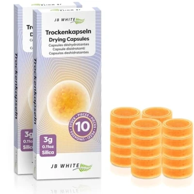 Immagine di JB White 20 Capsule essicanti per apparecchi acustici Compatibile con il vassoio di ricarica Phonak Indicatore colore universale la tazza asciugatura (3 g, sigillati singolarmente)