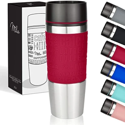 Immagine di Milu 380ml Tazza termica in acciaio inox I Lavabile lavastoviglie e 100% a prova di perdite da caffè isolata bere Isolamento doppia parete viaggio (Rosso, 380ml)