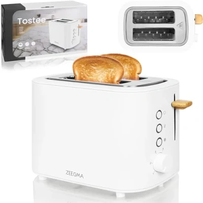 Immagine di Zeegma Tostee Tostapane 820W, 2 Fette, Funzioni Scongelamento e Riscaldamento, Regolazione Tempo di Cottura, Vassoio per Briciole, Design in Acciaio Inox, Slot Ampio 3,8 cm (Bianco, TOSTEE)