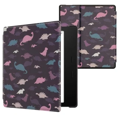 Immagine di kwmobile Custodia eReader Compatibile con Amazon Kindle Oasis 10. Generation Cover eBook Reader Flip Case viola/giallo/blu Dinosauri