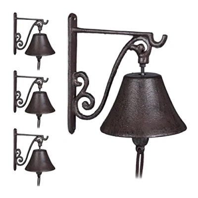 Immagine di Relaxdays 4X Campana per Porta in Ghisa Antica, Stile Rustico, a Parete da Ingresso, Deco Giardino, Resistente, Marrone
