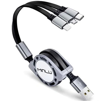 Immagine di Minlu Multi 1.2m Cavo Caricabatterie Retrattile 3A, 3 in 1 Cavi USB Veloce Tipo C/Micro USB/iP Compatibile per Phone 12 11 Xs X 8 7 6 Plus,Pad,Pod,Samsung Galaxy,Google Pixel,Xiaomi,Huawei (Gray)