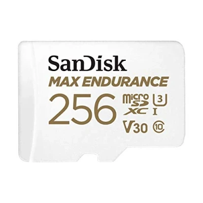 Immagine di SanDisk MAX ENDURANCE Video Monitoring for Dashcams &amp; Home 256 GB microSDXC Memory Card + SD Adaptor 120,000 Hours Endurance, White