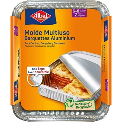 Immagine di Albal Alluminio 32x26x5 Centimetri con Coperchio Monouso Arrosto, Congelare e conservare 6 8 Porzioni 2 Stampi, Argento, 32x26 cm (Paquete de 1)