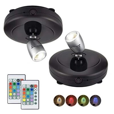 Immagine di HONWELL Faretto LED senza fili a batteria con telecomando, RGB Illuminazione per freccette Timer Immagini ruotabili pittura specchio Scala da cucina,2 pezzi, Nero